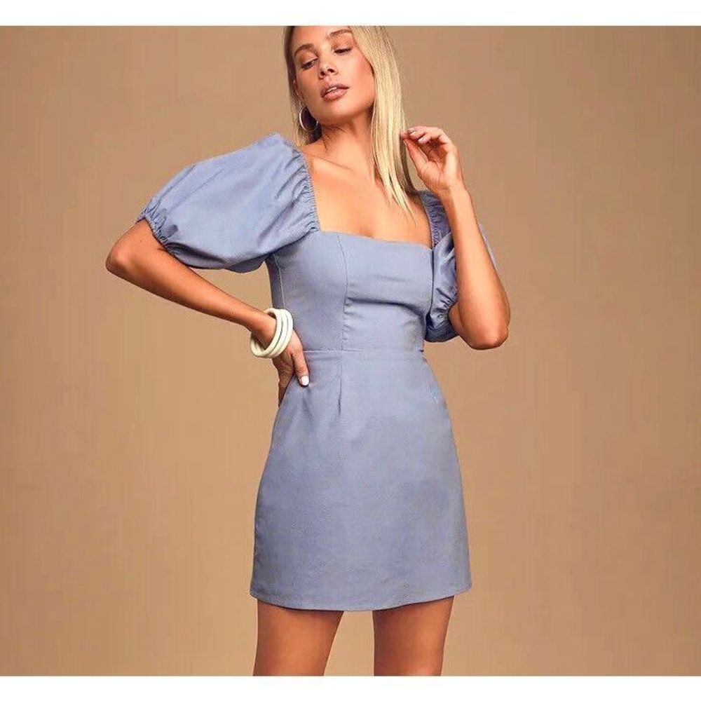 NEW & OTHER STORIES Bold Shoulder Mini Dress Size 6 blue‎ square neck puff sleev